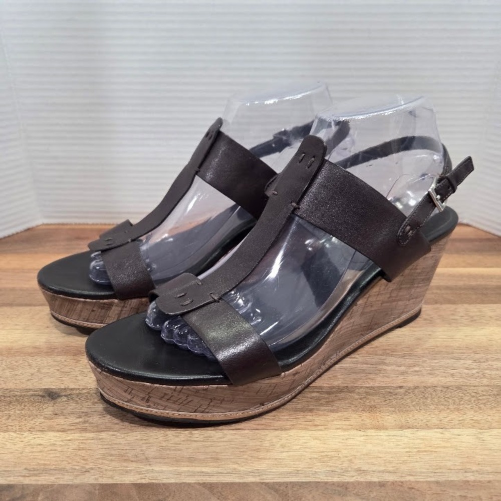 Donald J Pliner Feldie Wedge Sandals Womens 9.5 M Brown Leather T-Strap Platform
